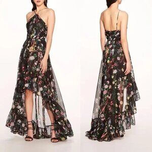 NWT Marchesa Notte Flowering Floral Keyhole High Low Gown Black Combo Size 6